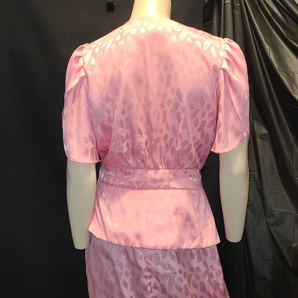 VTG Pink Two-Piece Satin Skirt Set Puffy Sleeve JOLIBEL - Picture 8 of 13